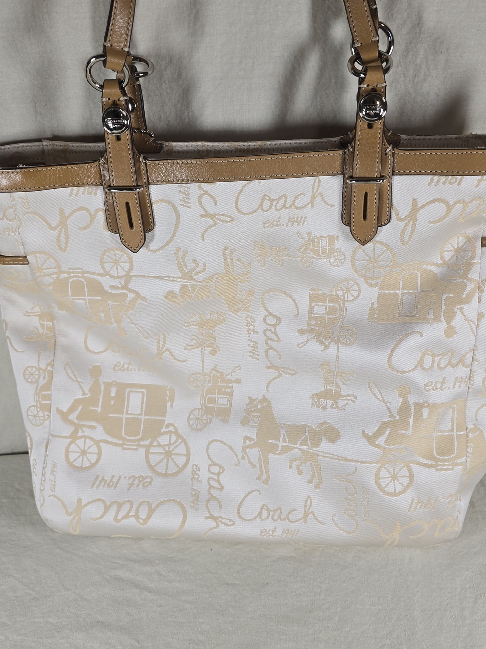 Coach F15157 Gallery Horse Carriage Tote White Khaki Pink Y2K Shoulder Bag - Picture 4 of 6